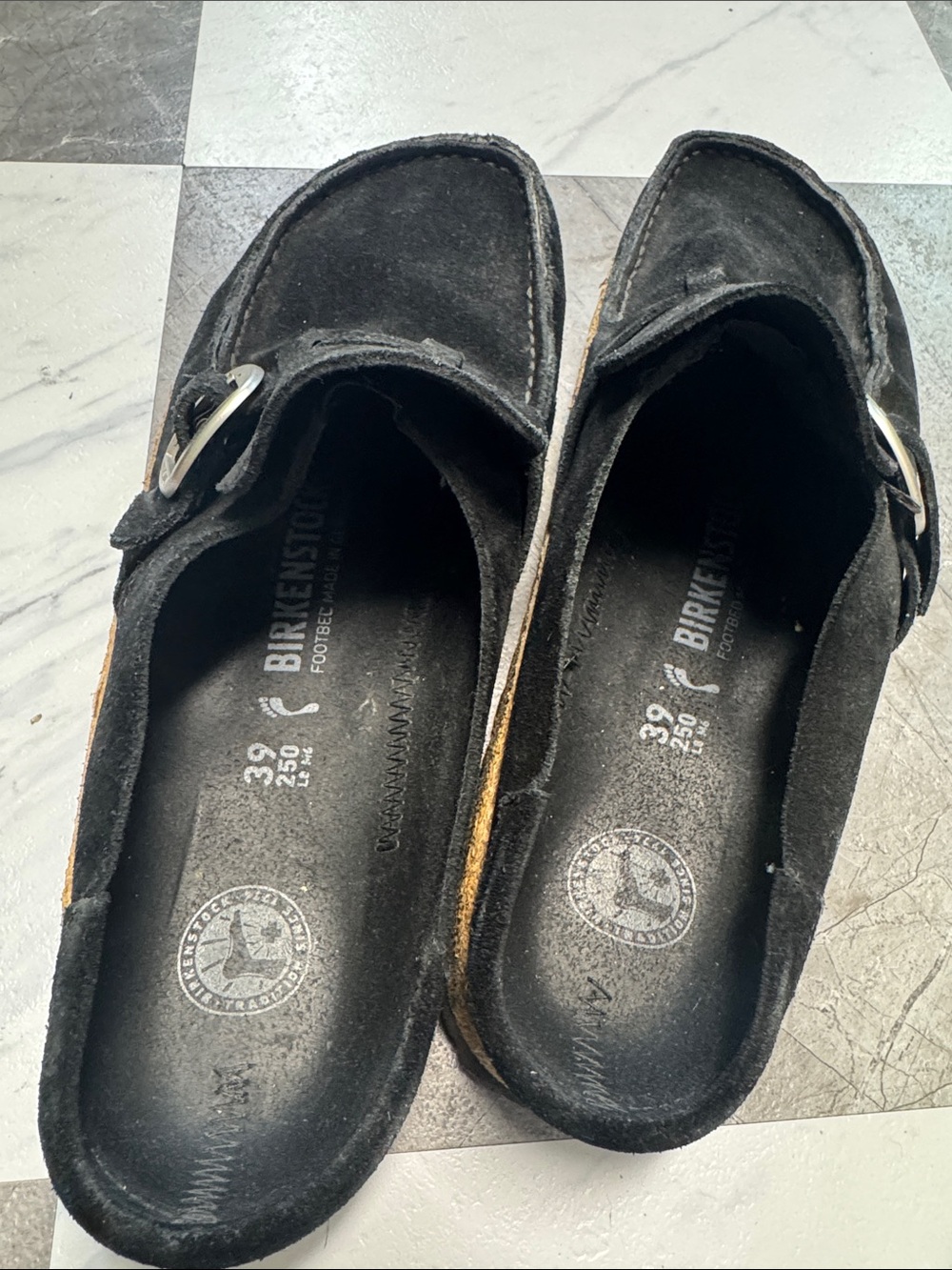 Birkenstock Buckley Black Suede Buckle Clog Mules - Picture 2 of 6